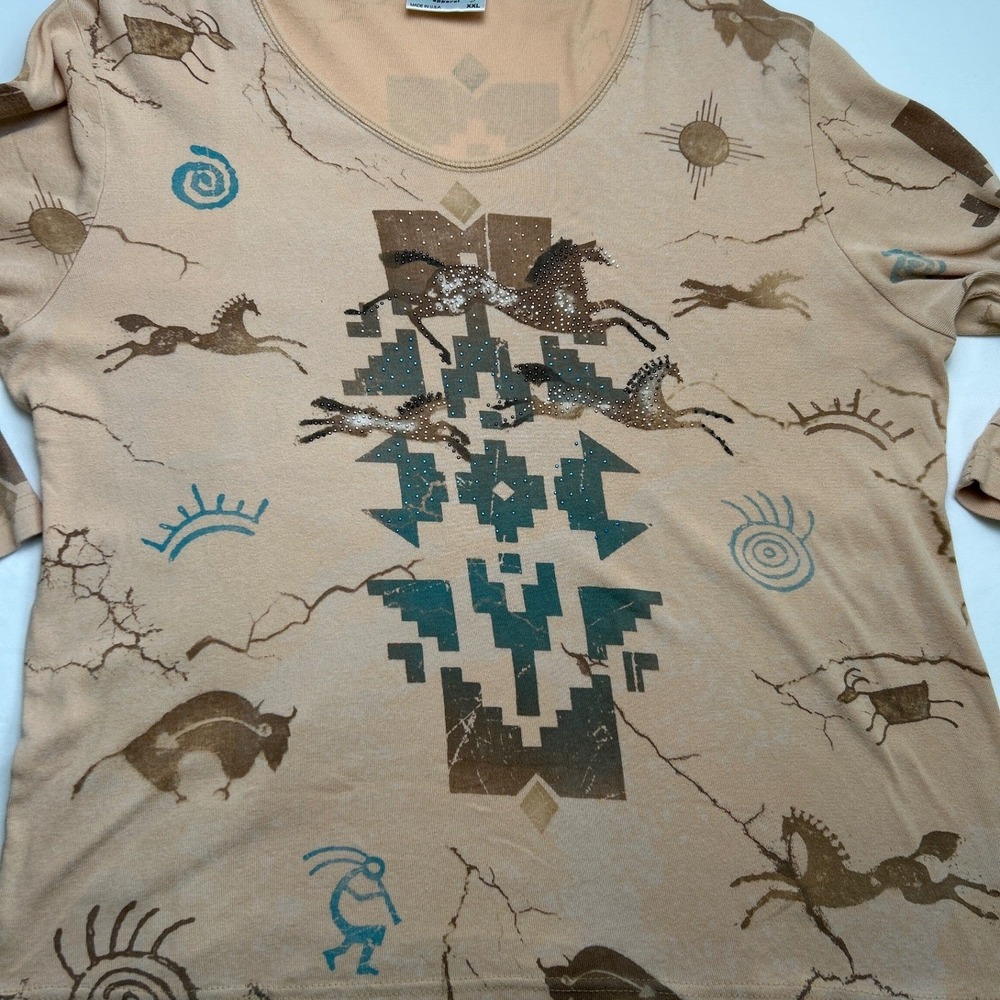 Cactus Bay Womens Southwestern Horse Rhinestone Top Tan Size XXL Western Boho - Picture 3 of 10